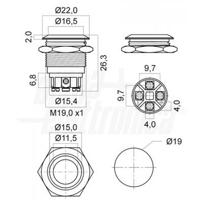 PULSANTE ANTIVANDALO ø19mm LUM.BLU 12Vac/dc N.A. 5A@250Vac