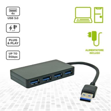 HUB ATTIVO 4 PORTE USB-A 3.0 ALIMENTATORE INCLUSO